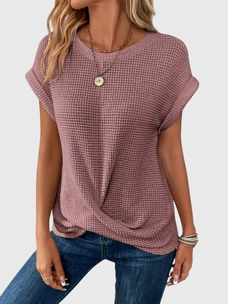 Thalia Wentmore | Rust Orange Waffle Knit Crew Neck Blouse
