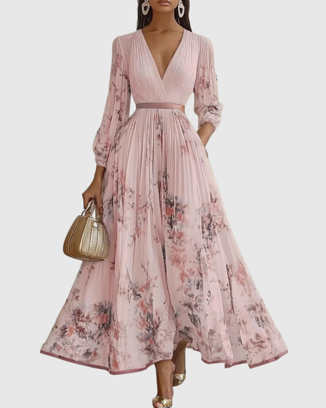 Lucienne Hartwell | Floral Pleated Midi Dress with V-Neck