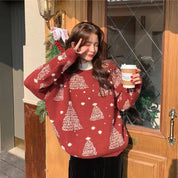 Snowy Eve | Red Tree Jacquard Christmas Sweater For Women