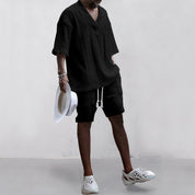 Tanner Ironwood | White Cable Knit T-Shirt & Shorts Set For Men