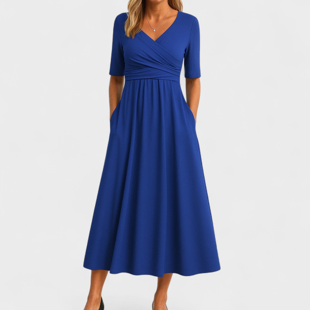 Aurelia Wyndcroft | Grey V-Neck Midi Dress with Pockets
