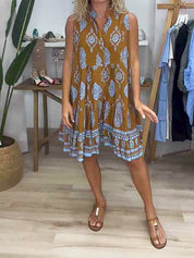 Pernille Ashford | Boho Print V-Neck Sleeveless Tiered Mini Dress