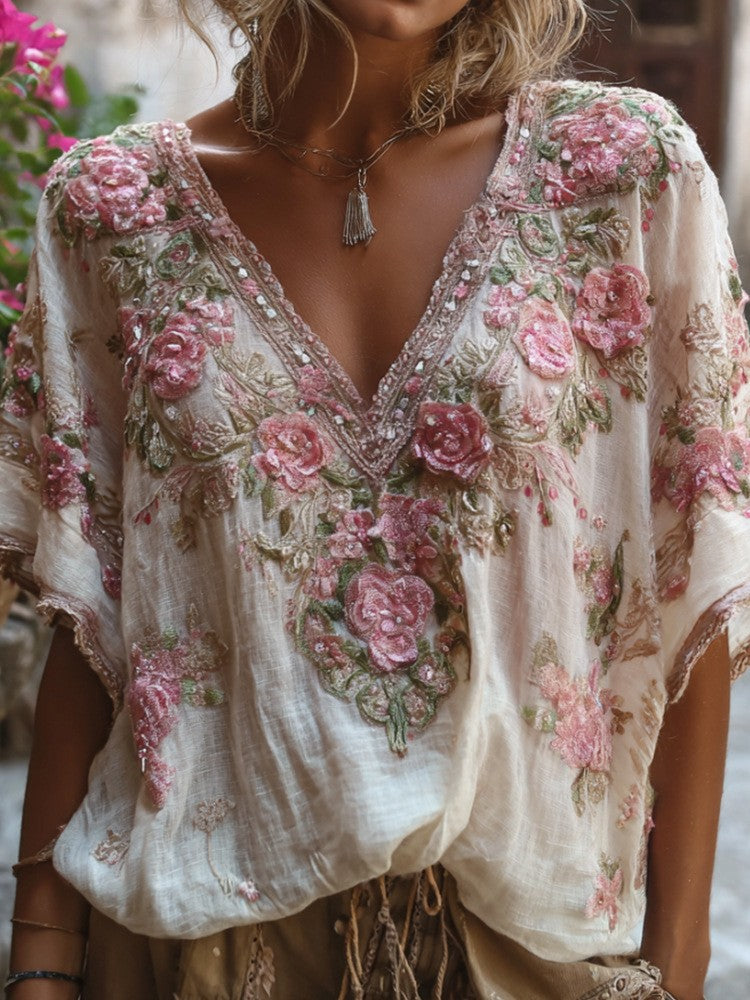 Marguerite Delacroix | Floral Embroidered Boho Blouse For Women