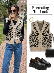 Camille Reyner | Leopard Print Sweater Vest With Button Front