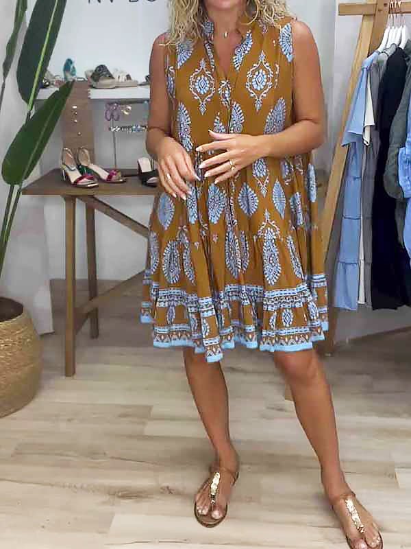 Pernille Ashford | Boho Print V-Neck Sleeveless Tiered Mini Dress
