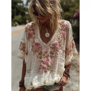 Adriana Bellini | Floral Embroidered V-Neck Blouse For Women