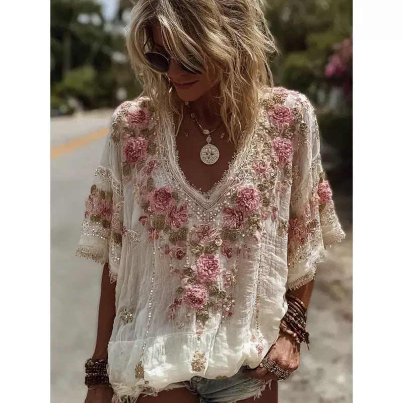 Adriana Bellini | Floral Embroidered V-Neck Blouse For Women