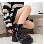 Trudy Aldmore | Black Chain Buckle Platform Boots For Women