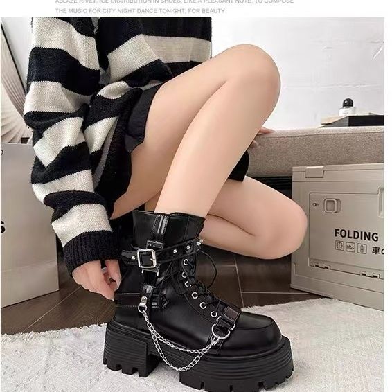 Trudy Aldmore | Black Chain Buckle Platform Boots For Women