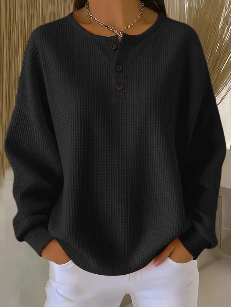 Marlena Whitfield | Waffle Knit Henley Pullover Top For Women