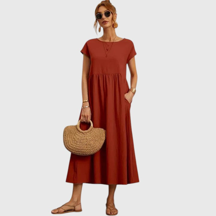 Rosalind Evermore | Navy Blue Cap Sleeve Midi Dress with Pockets