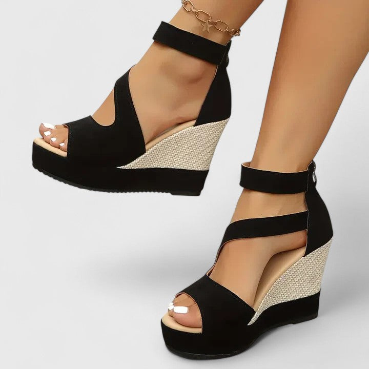 Clarisse Beauverne | Black Wedge Sandals with Elastic Straps
