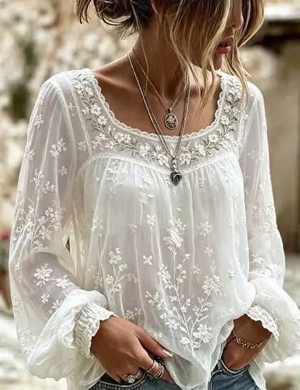 Colette Rimbaud | Retro Bohemian Floral Linen Blouse For Women