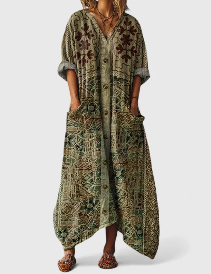 Flavia Rosebourne | Bohemian Ethnic Print Maxi Dress with Pockets