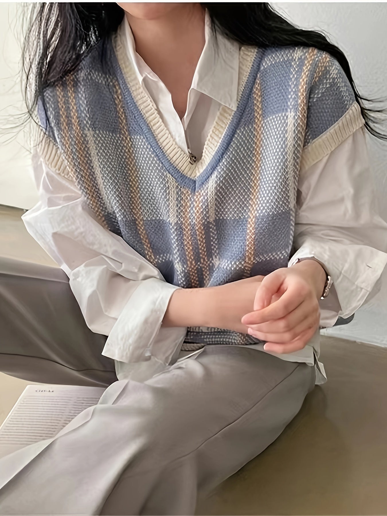 Margaux Delaroche | Vintage Plaid V-Neck Sweater For Women