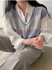 Margaux Delaroche | Vintage Plaid V-Neck Sweater For Women