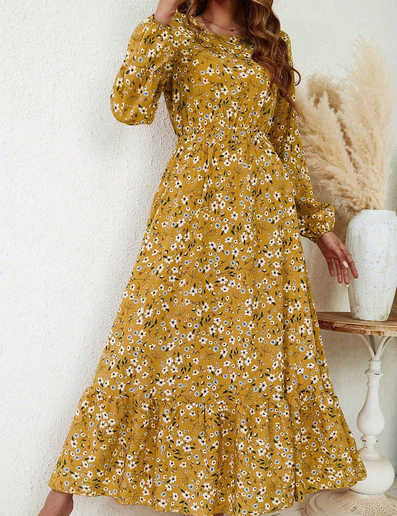 Rosalinde Fleurcourt | Floral Print Bishop Sleeve Smocked Waist Maxi Dress