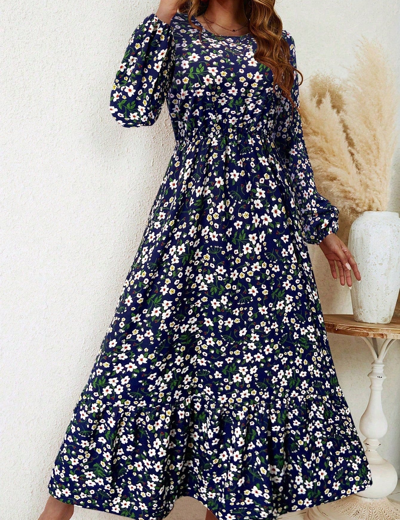 Rosalinde Fleurcourt | Floral Print Bishop Sleeve Smocked Waist Maxi Dress