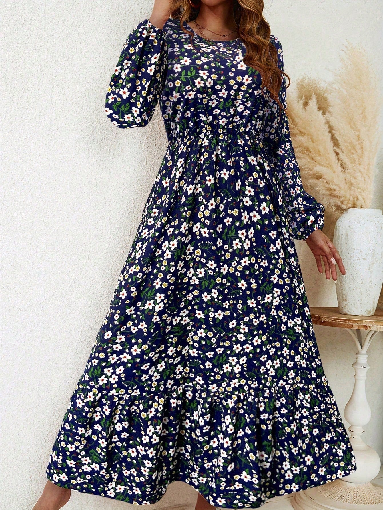 Rosalinde Fleurcourt | Floral Print Bishop Sleeve Smocked Waist Maxi Dress