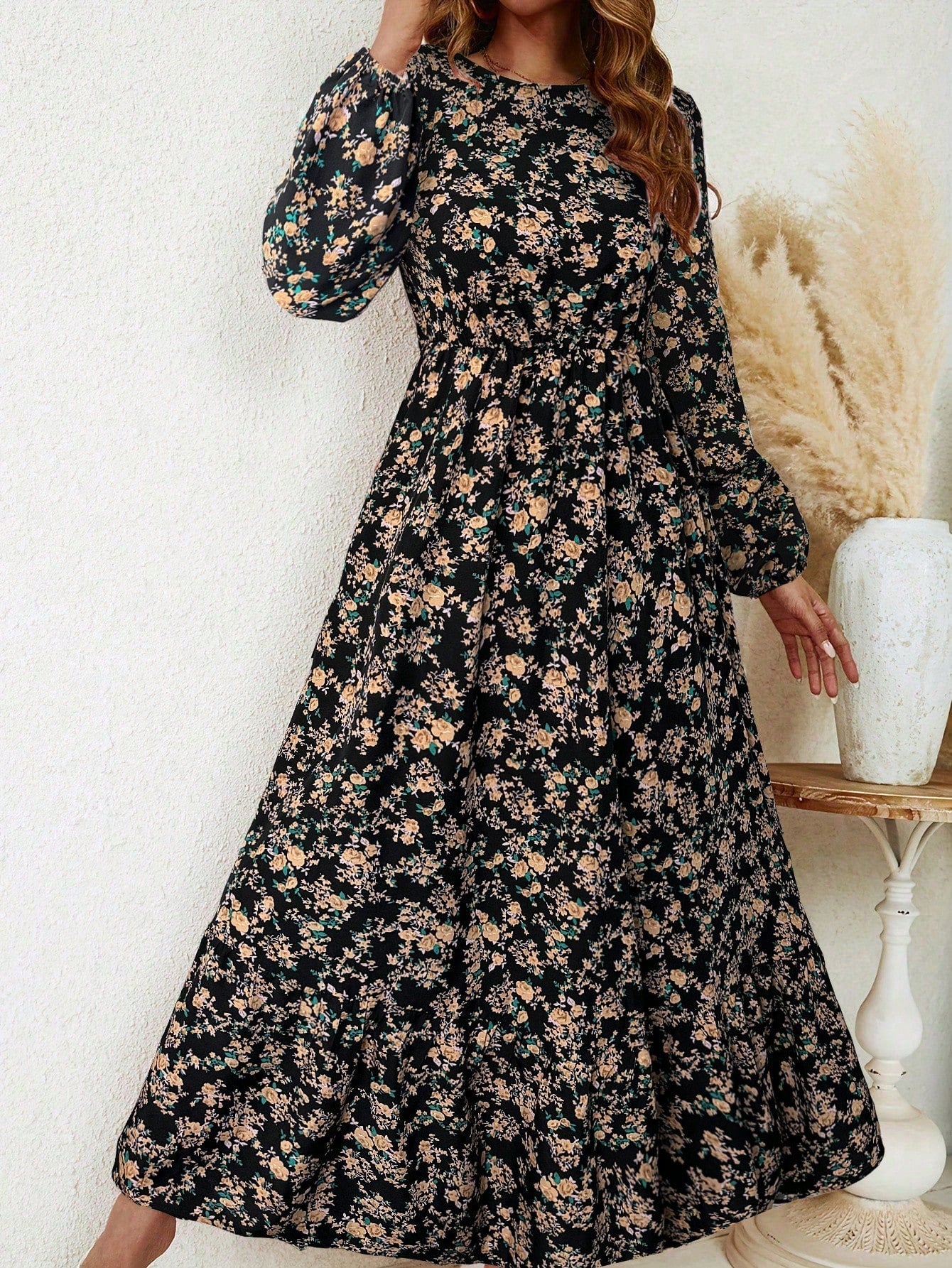 Rosalinde Fleurcourt | Floral Print Bishop Sleeve Smocked Waist Maxi Dress