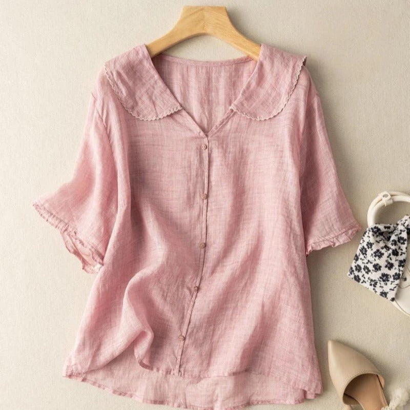 Clarinda Beausoleil | Green Linen Blouse with Scalloped Peter Pan Collar