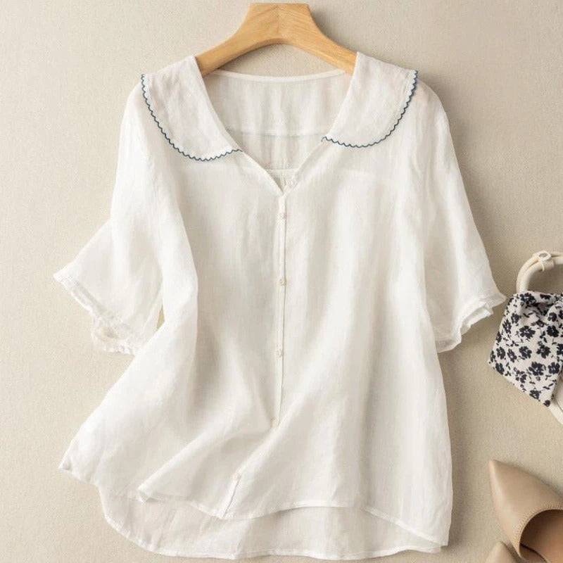 Clarinda Beausoleil | Green Linen Blouse with Scalloped Peter Pan Collar