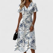 Adeline Vosrenne | Navy Leaf Print V-Neck Flutter Sleeve Midi Dress