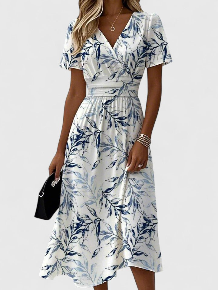 Adeline Vosrenne | Navy Leaf Print V-Neck Flutter Sleeve Midi Dress