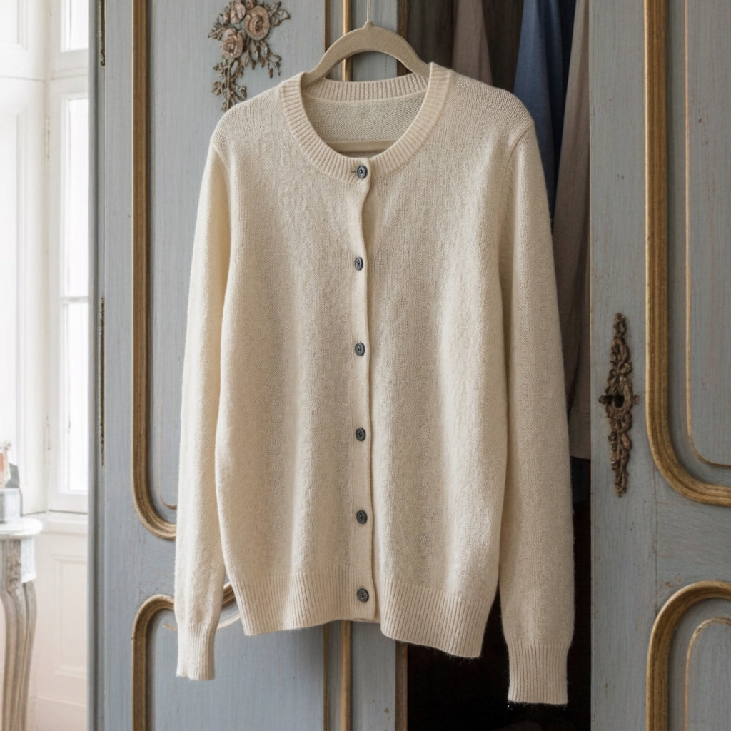 Margot Elsinore | Cream Merino Wool Button-Up Cardigan For Women