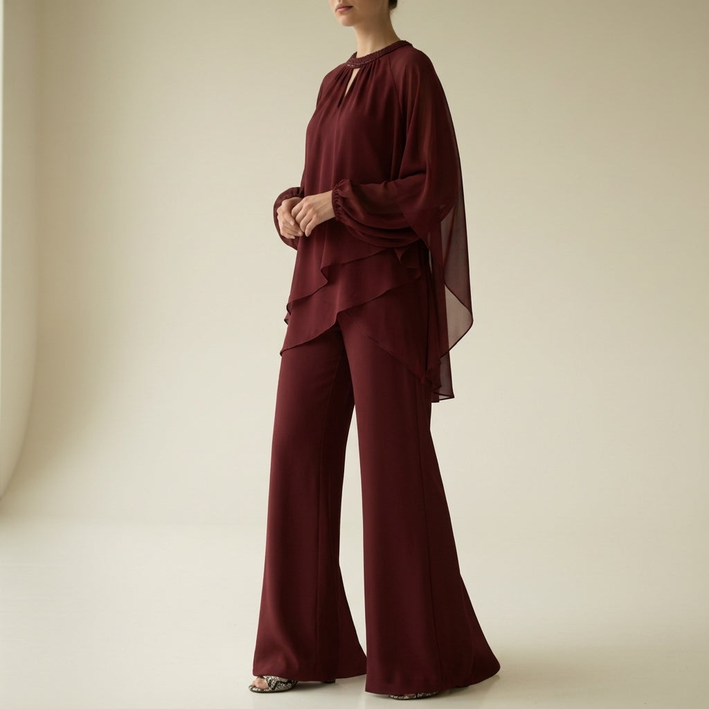 Brooklyn Wright | White Chiffon Cold-Shoulder Formal Pantsuit For Women