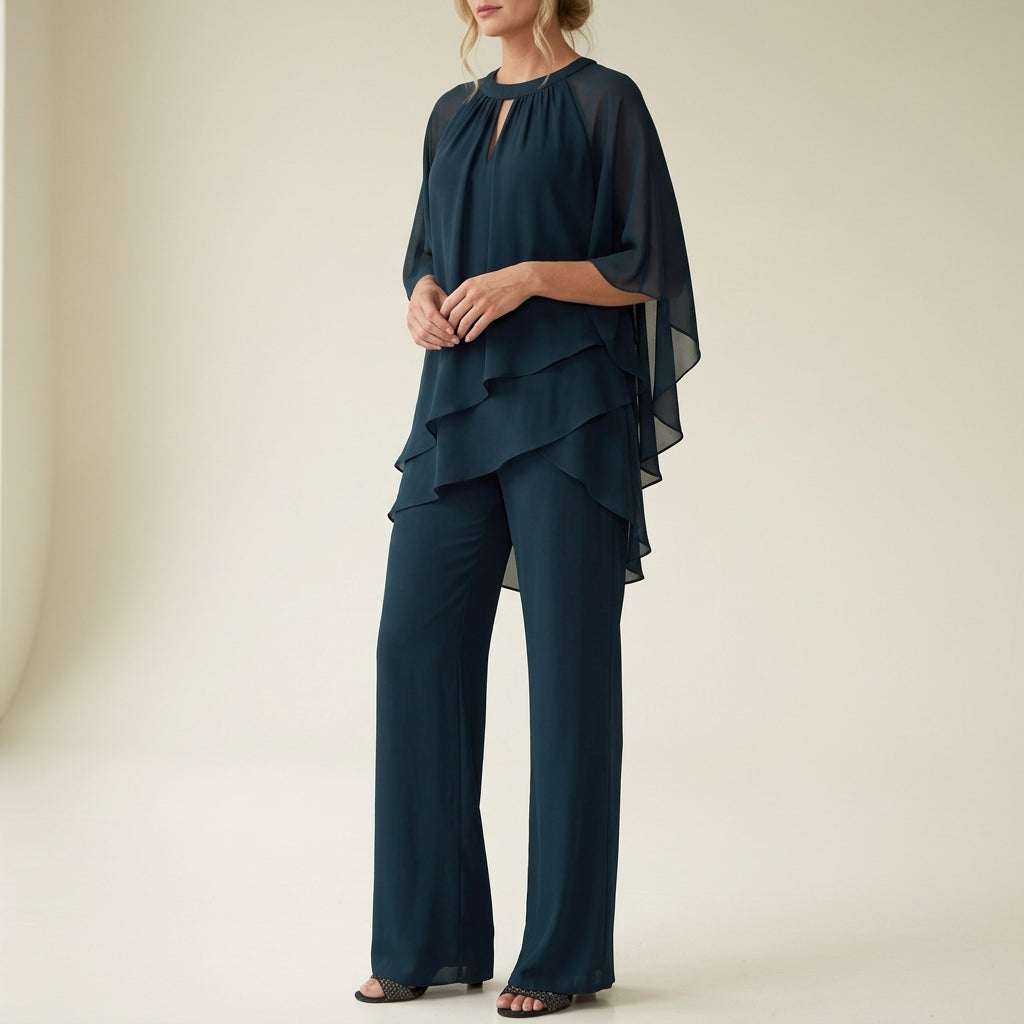 Brooklyn Wright | White Chiffon Cold-Shoulder Formal Pantsuit For Women