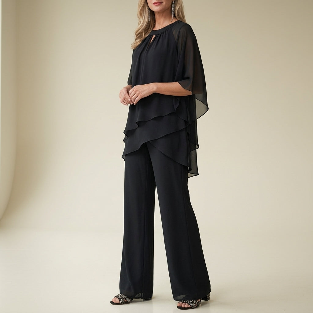 Brooklyn Wright | White Chiffon Cold-Shoulder Formal Pantsuit For Women