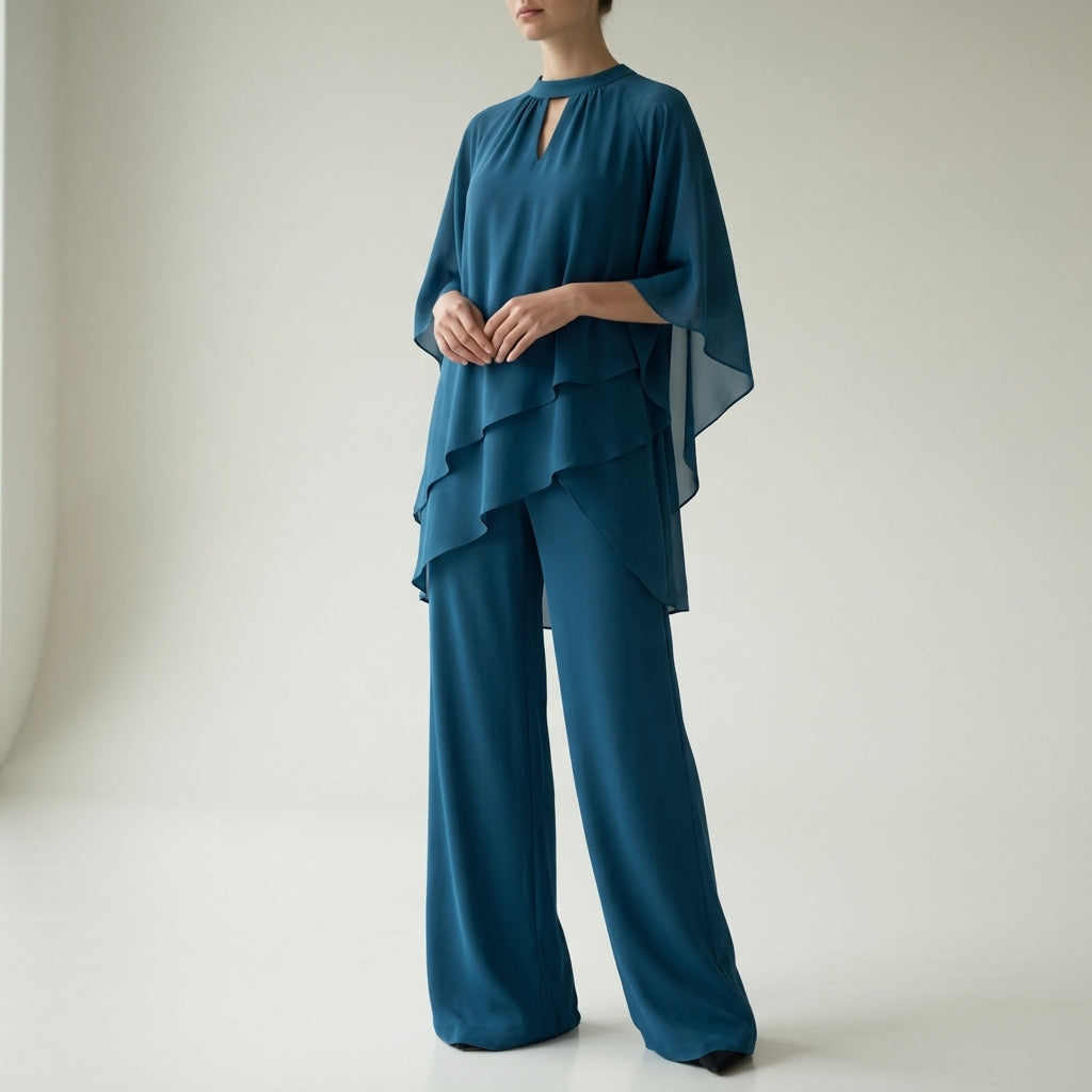 Brooklyn Wright | White Chiffon Cold-Shoulder Formal Pantsuit For Women