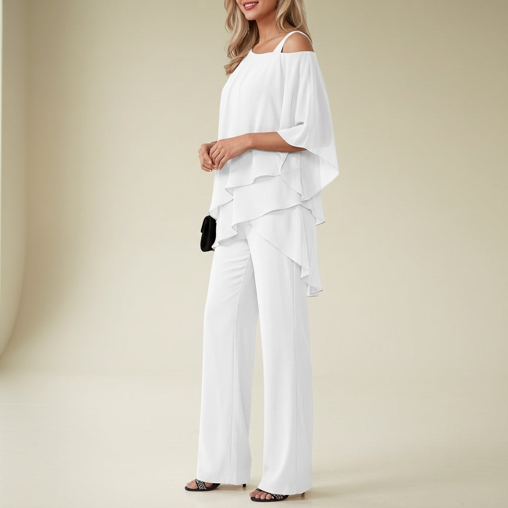 Brooklyn Wright | White Chiffon Cold-Shoulder Formal Pantsuit For Women