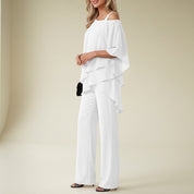 Brooklyn Wright | White Chiffon Cold-Shoulder Formal Pantsuit For Women