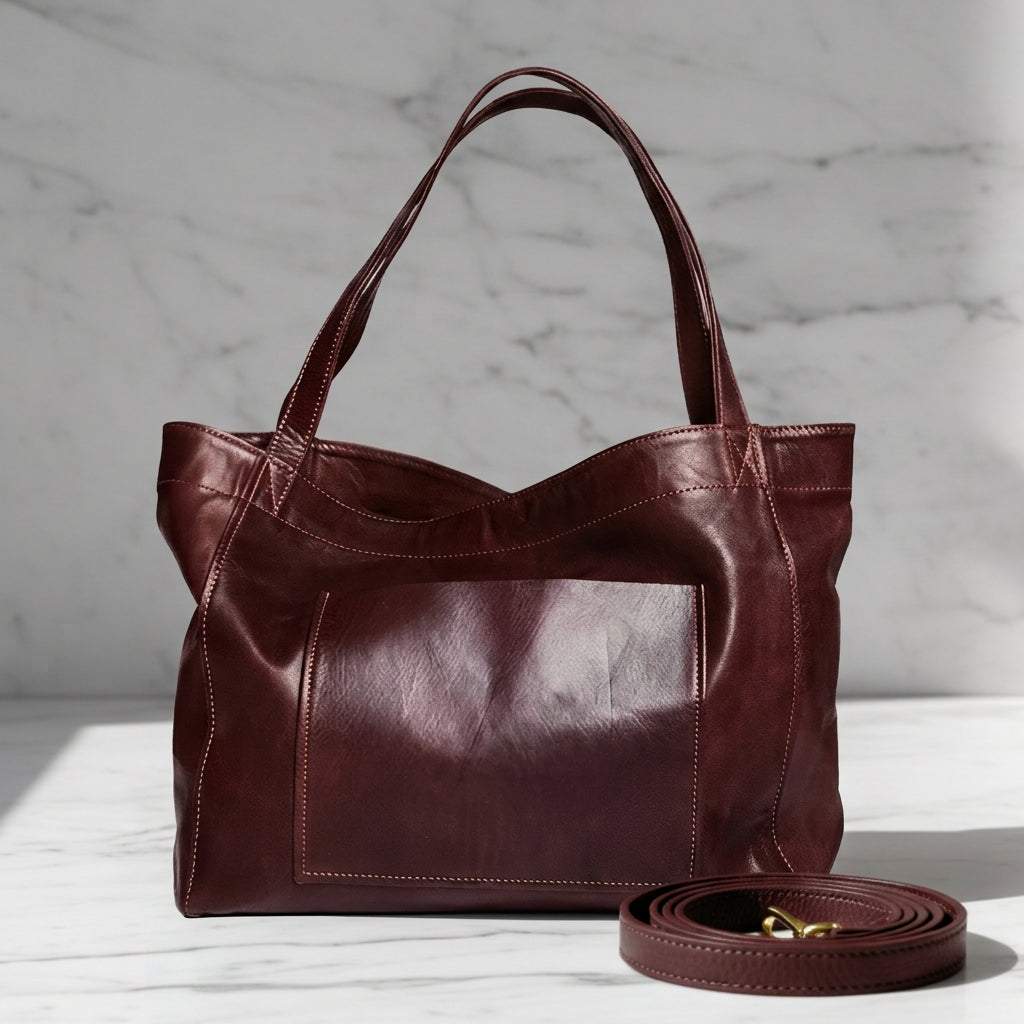 Aurinda Bellerose | Structured Leather Tote Bag in Burgundy