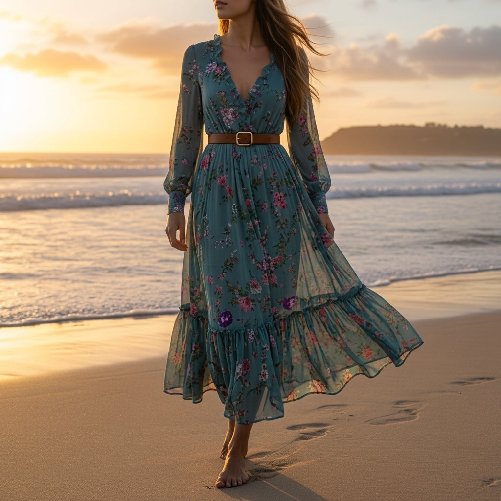 Hailey Moore | Floral Chiffon Maxi Dress with Belt For Women