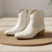 Isabella Allen | White Perforated Cowboy Ankle Boots For Women