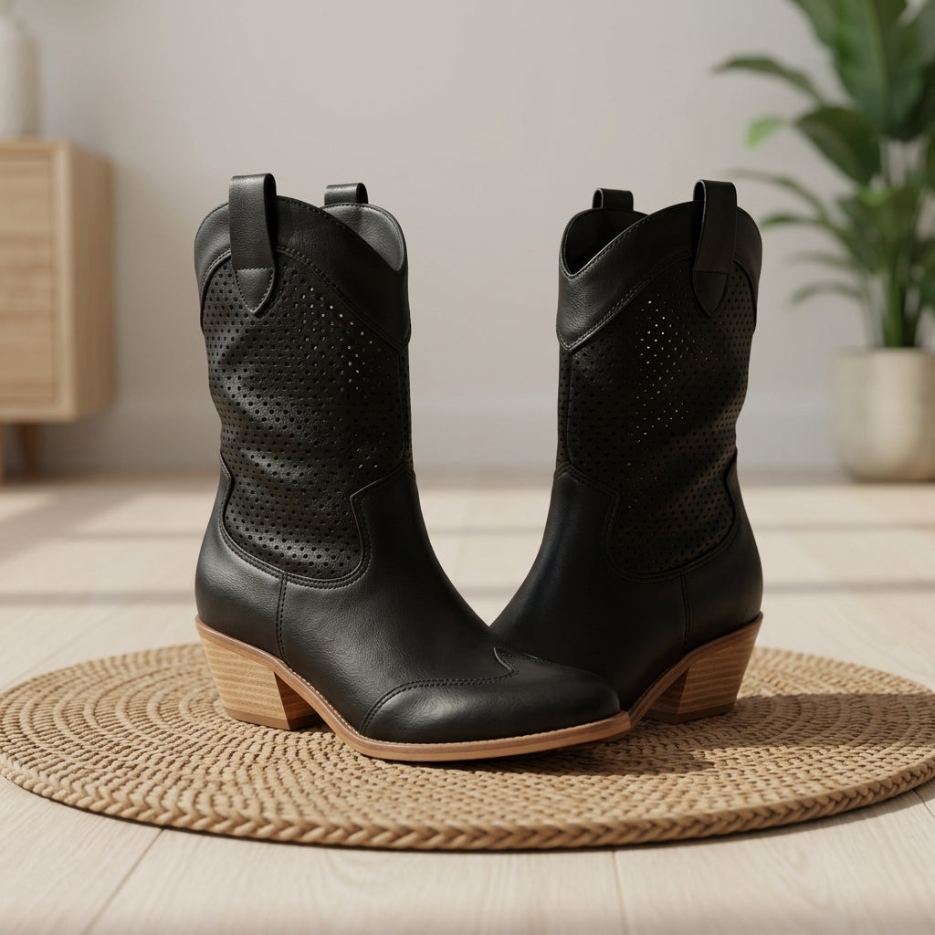 Isabella Allen | White Perforated Cowboy Ankle Boots For Women