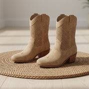 Isabella Allen | White Perforated Cowboy Ankle Boots For Women