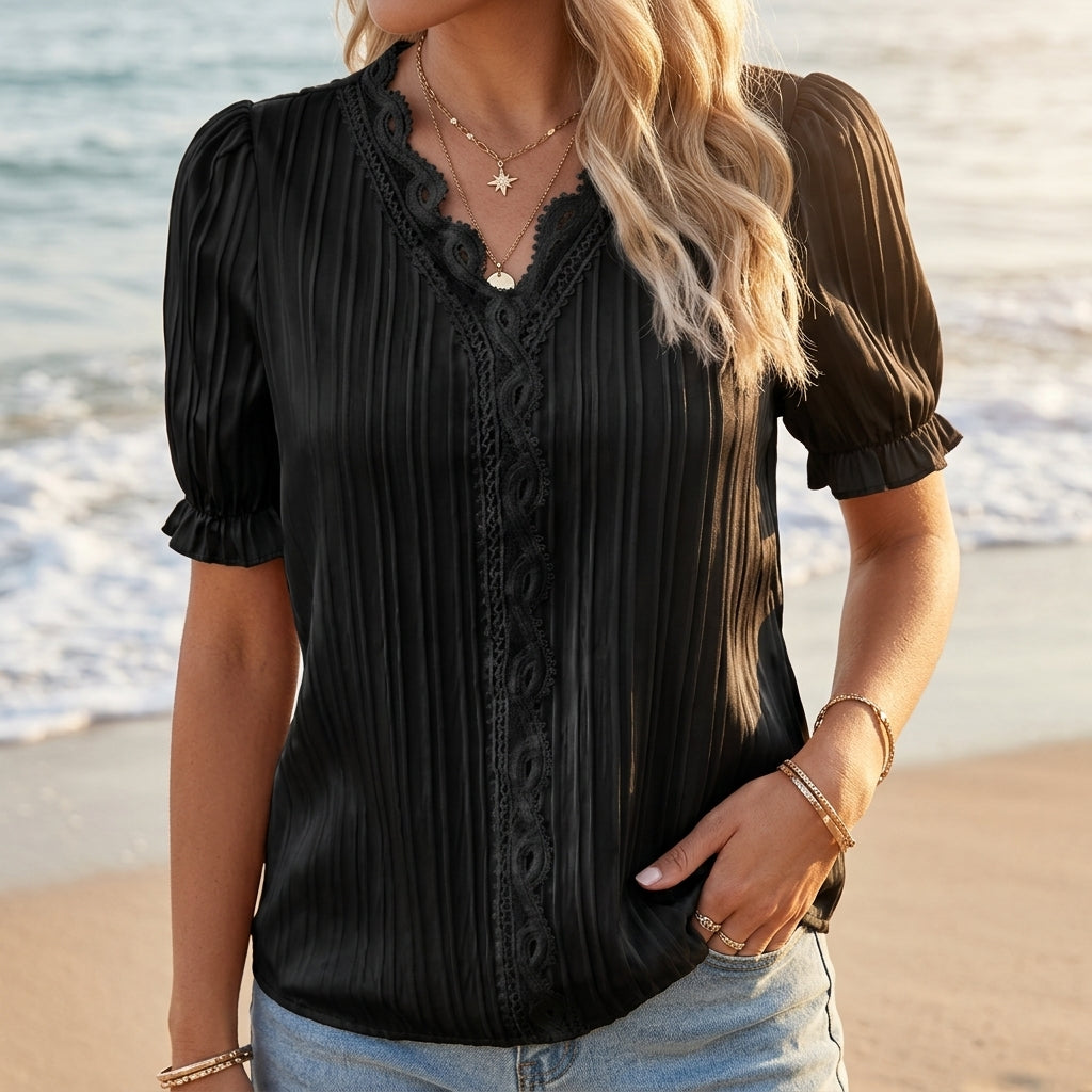 Linnea Beauvais | White Lace Trim V-Neck Blouse For Women