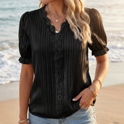 Linnea Beauvais | White Lace Trim V-Neck Blouse For Women