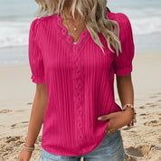 Linnea Beauvais | White Lace Trim V-Neck Blouse For Women