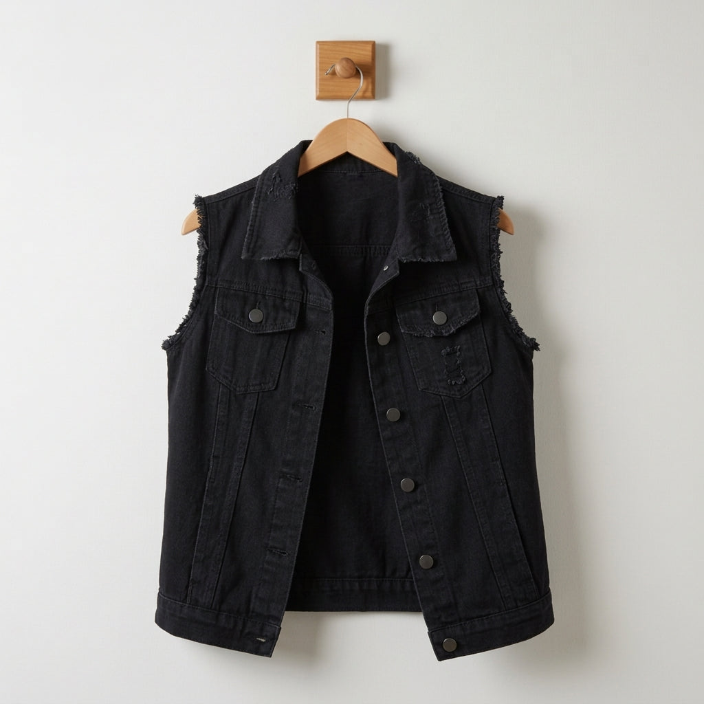 Reyna Stafford | Black Distressed Denim Vest For Women