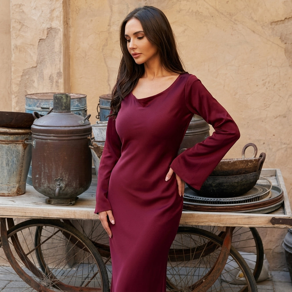 Isabeau Fontmercy | Satin Maxi Dress With Bell Sleeves For Women