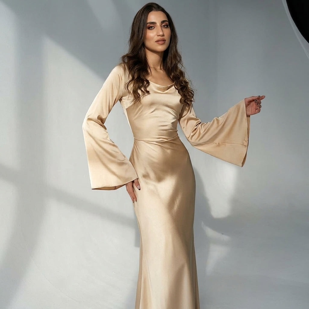 Isabeau Fontmercy | Satin Maxi Dress With Bell Sleeves For Women