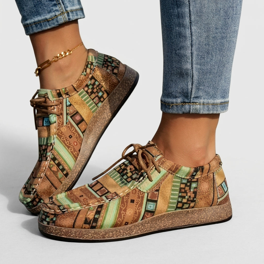 Selina Bardoux | Boho Print Lace-Up Flat Sneakers For Women