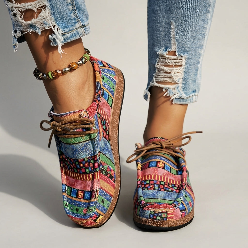 Selina Bardoux | Boho Print Lace-Up Flat Sneakers For Women