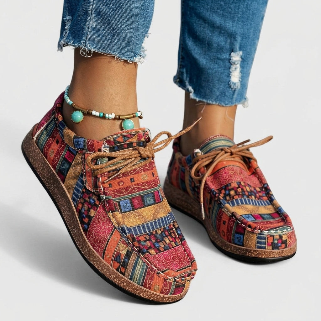 Selina Bardoux | Boho Print Lace-Up Flat Sneakers For Women