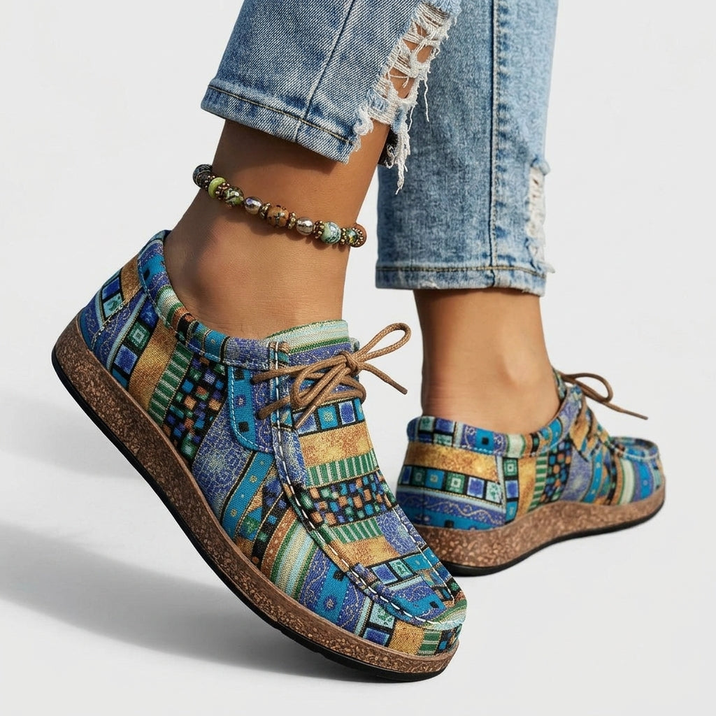 Selina Bardoux | Boho Print Lace-Up Flat Sneakers For Women